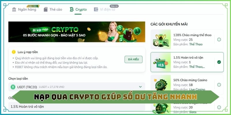 Nạp qua Crypto giúp số dư tăng nhanh